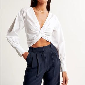 Twist-Front White/Cream Long Sleeve Crop Top